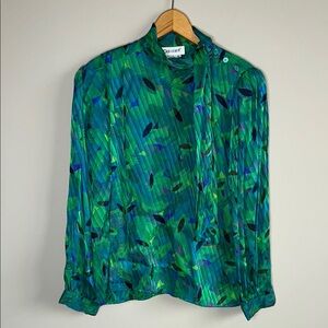 Vintage Cassant 100% Silk Colorful Leaf Print Green and Blue Blouse
